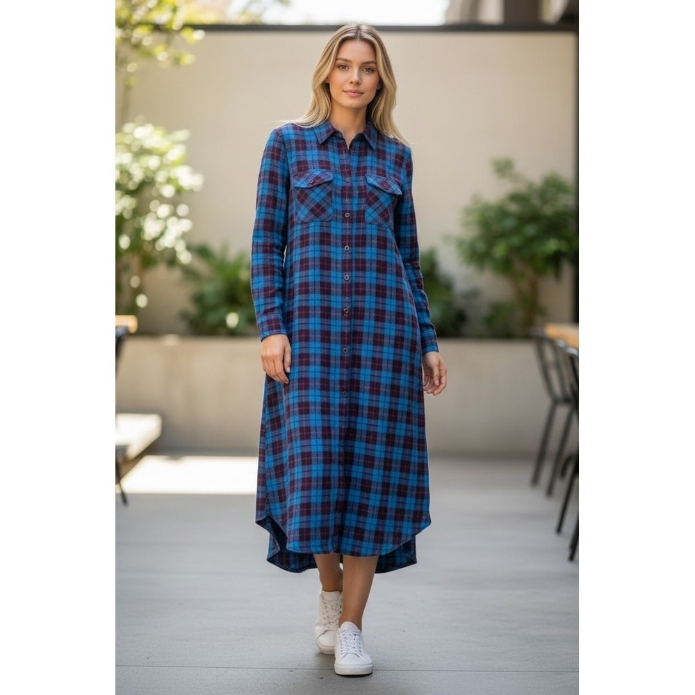 Natural Life Shirt Dress Womens S Blue Burgundy Plaid Flannel Midi cabincore